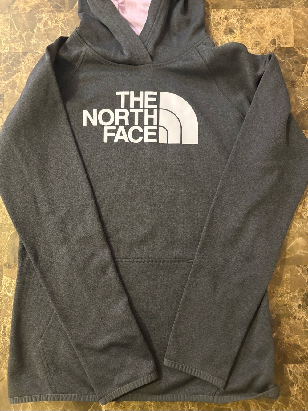 The North Face Charcoal Gray Hoodie with Lavender Logo